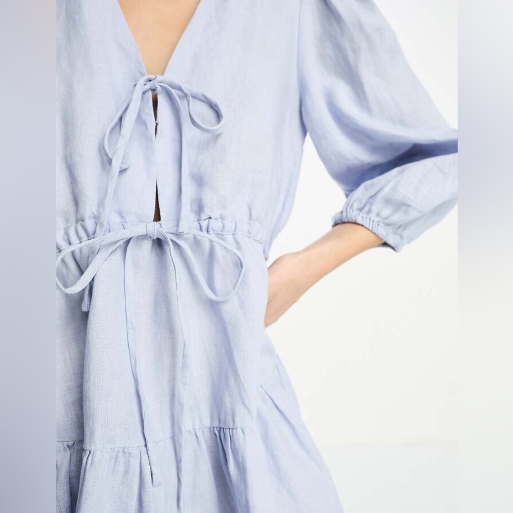 & Other Stories linen tie detail mini dress in blue - Picture 2 of 9